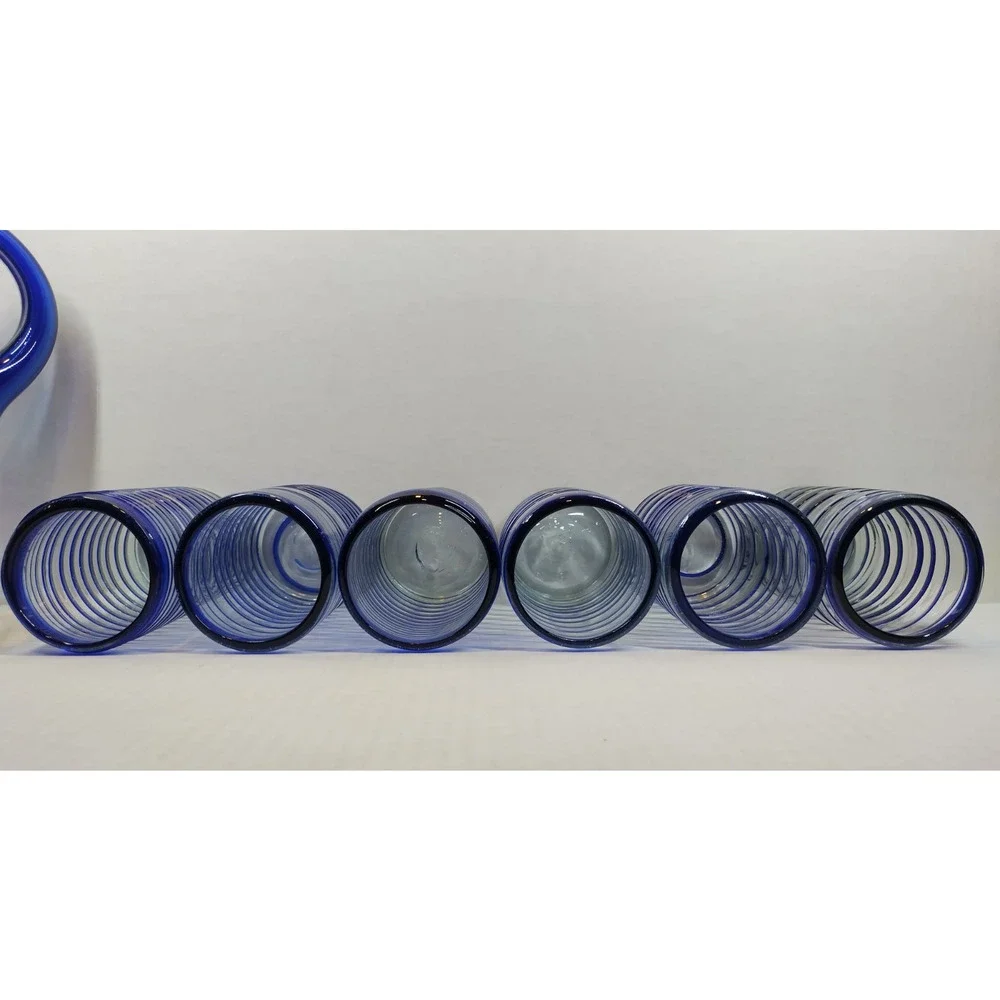 Hand Blown Cobalt & Clear Glass Swirl Pitcher & Glasses 7 Pc Set Made in Mexico